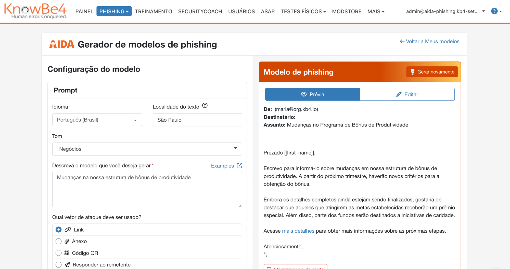 Interface de segurança do AIDA com análise de ameaças orientada por IA, incidentes de segurança detectados, avaliações de risco e recomendações de respostas automatizadas