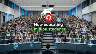 A large university lecture hall filled with students. Text reads: ”Now educating 1 million students!”