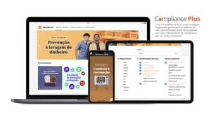 Interfaces de treinamento de conformidade exibindo módulos de cursos, avaliações interativas e materiais educativos regulamentares em diversas áreas de conformidade