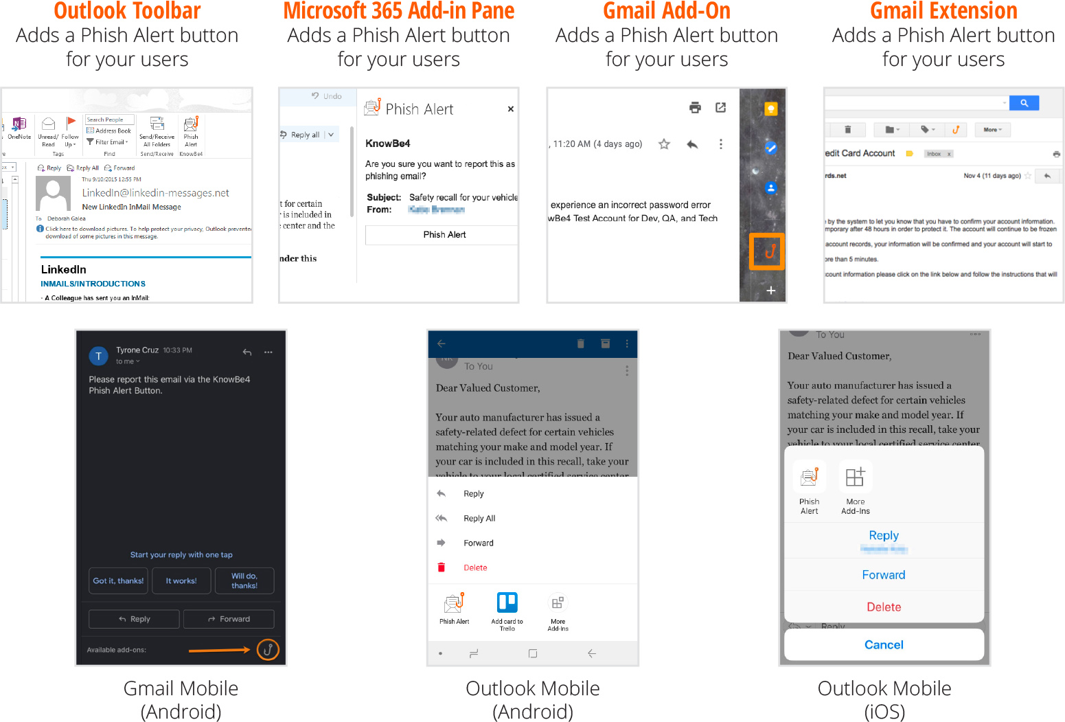 Screenshots of Phish Alert Buttons for Outlook, Microsoft 365 and Gmail