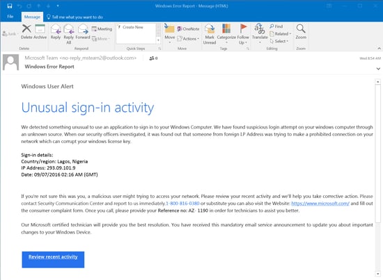 Malicious Windows Warning Email Malicious Windows Warning Email