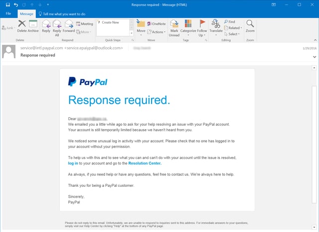Paypal Phishing Email - Fake Security Notice