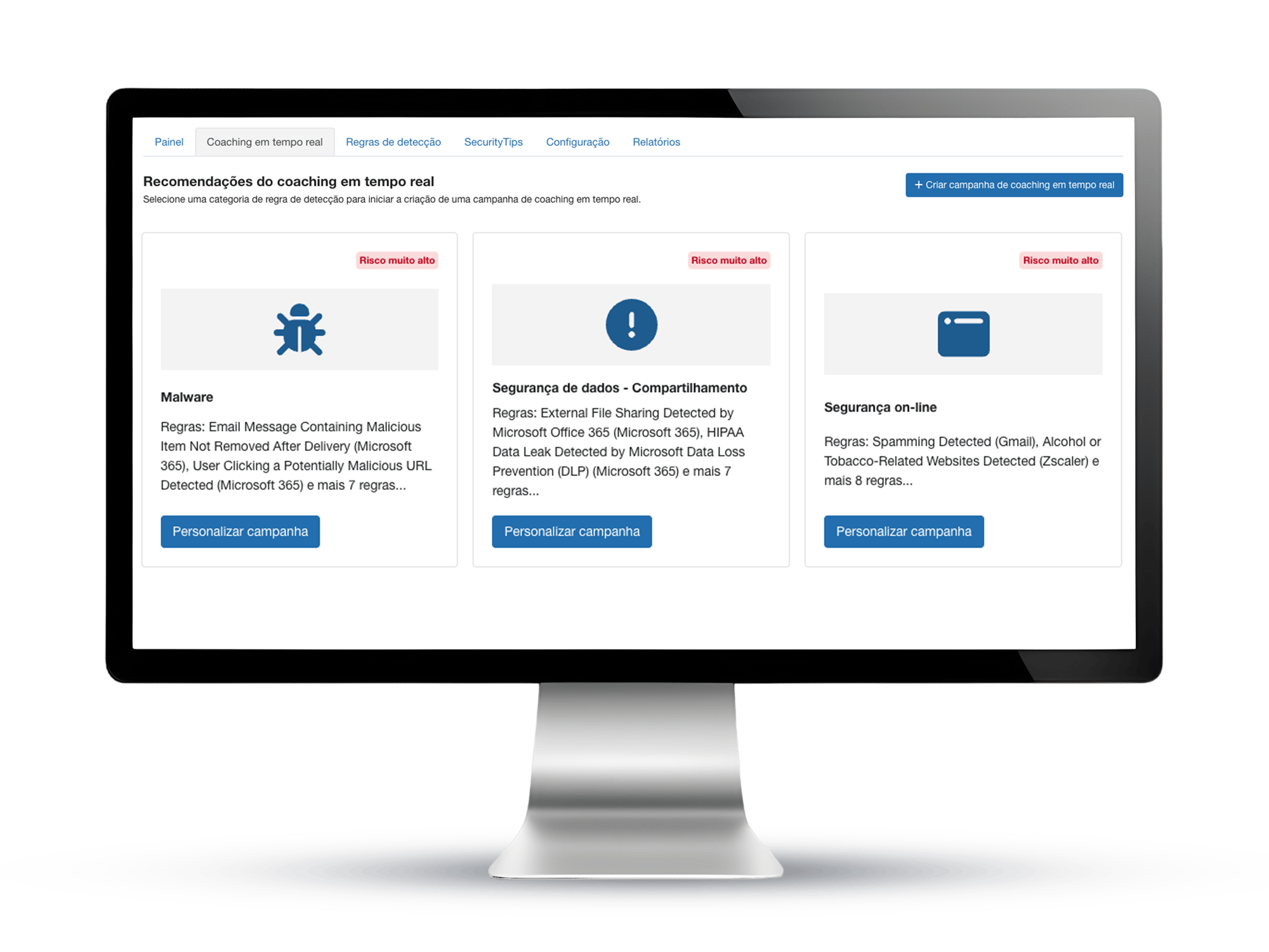 Tela de intervenção do SecurityCoach mostrando uma notificação de coaching em tempo real alertando o usuário sobre uma possível ação de risco à segurança e fornecendo orientações