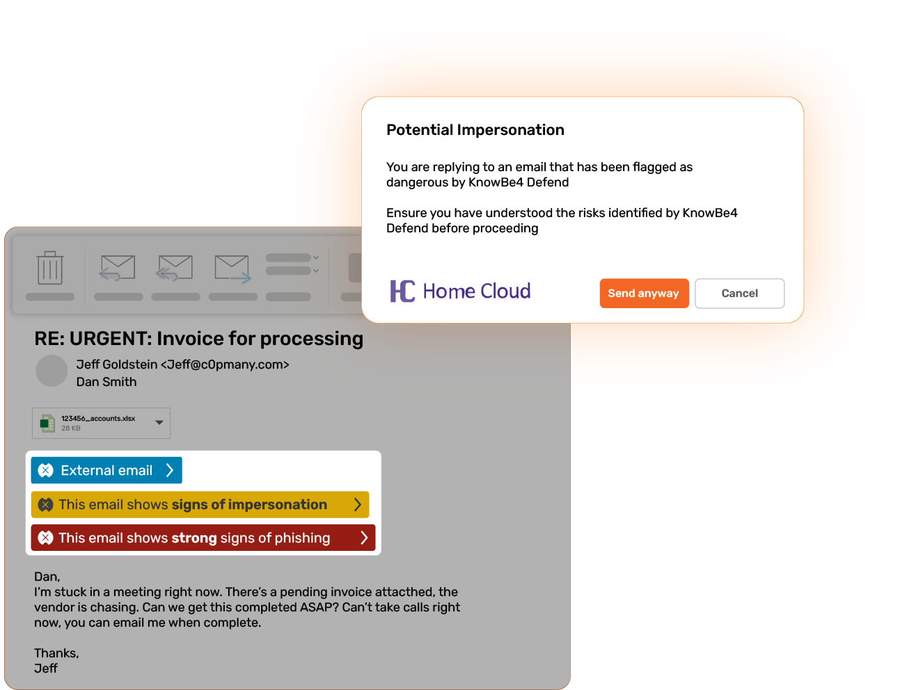 KnowBe4 Defend warning the user that they are about to reply to an email that has been flagged as dangerous KnowBe4 Defend warning the user that they are about to reply to an email that has been flagged as dangerous