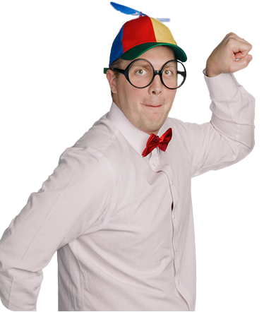 Ryan flexing in a helicopter hat and bow tie