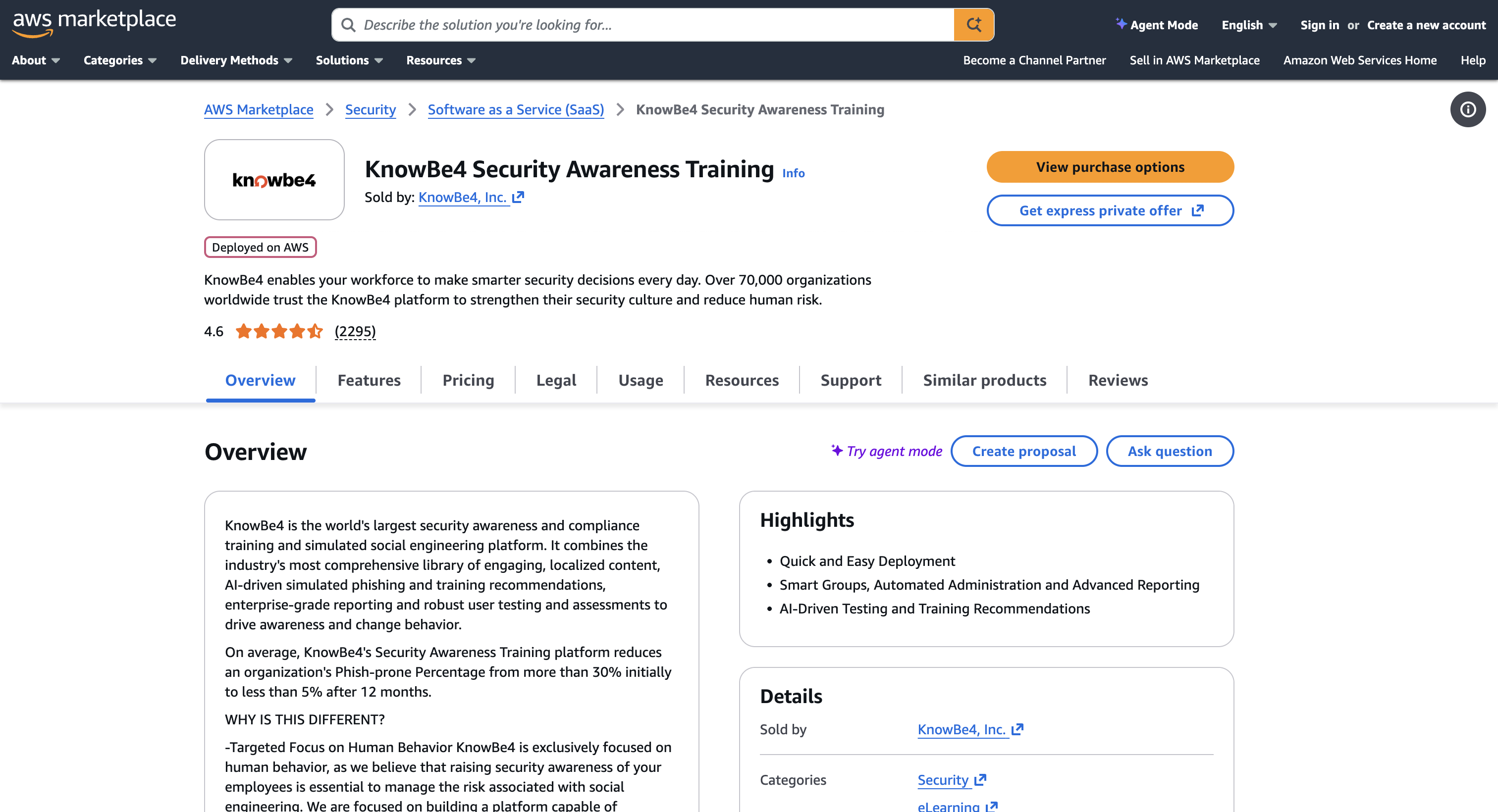 KnowBe4's page on the AWS Marketplace