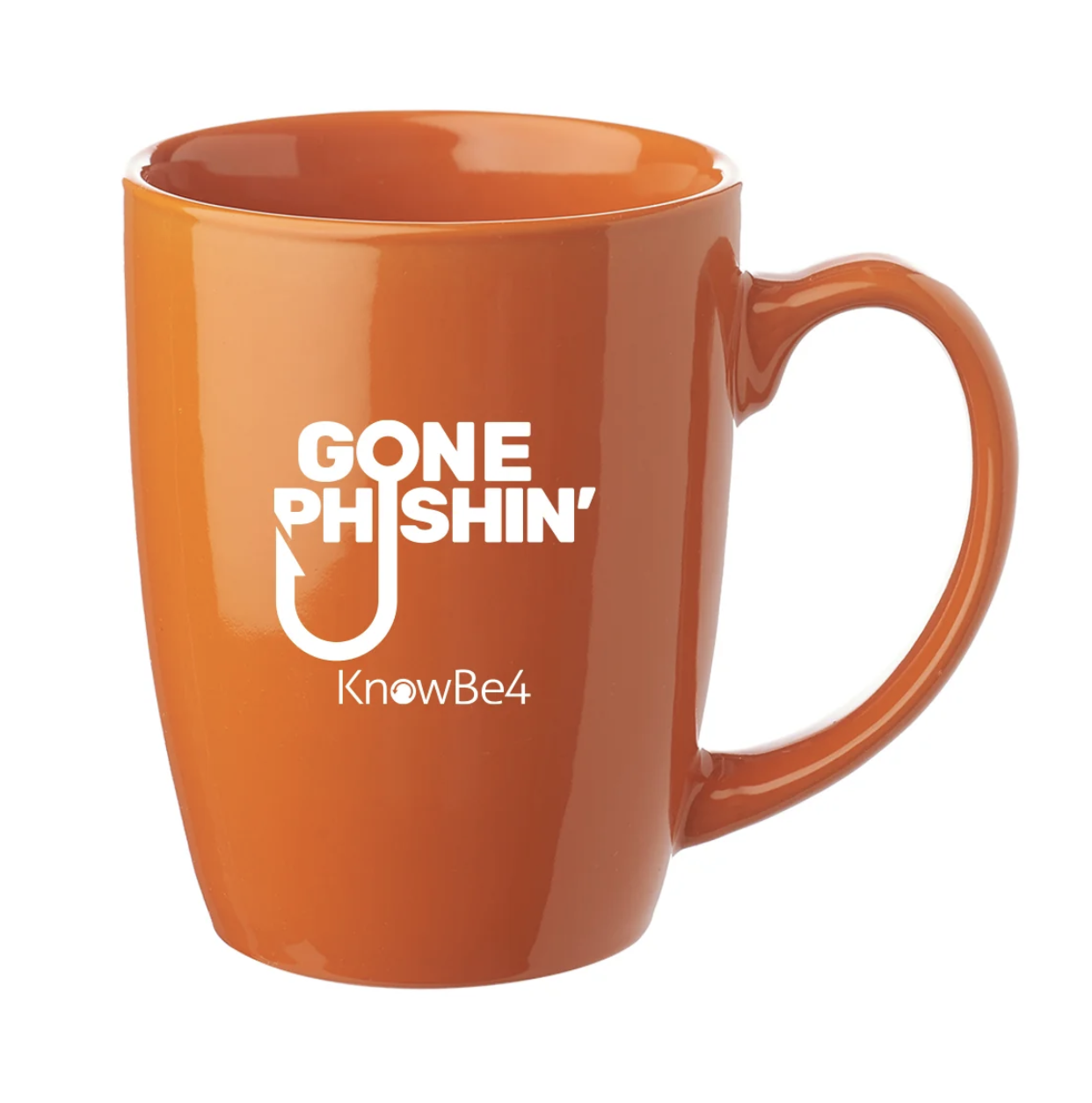 Orange mug reading Gone Phishin', with the O and I styled as a fish hook, with the KnowBe4 logo